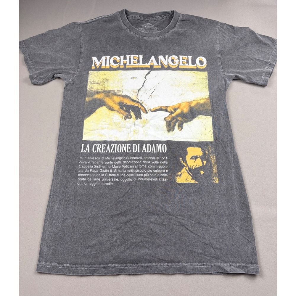 Michelangelo The Creation of Adam Graphic T-Shirt Grey Mineral Wash Small